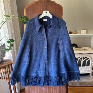 VTG SWEATER BEE By BANFF navy TEXTURED CHECK Button-Up SWEATER CAPE PONCHO